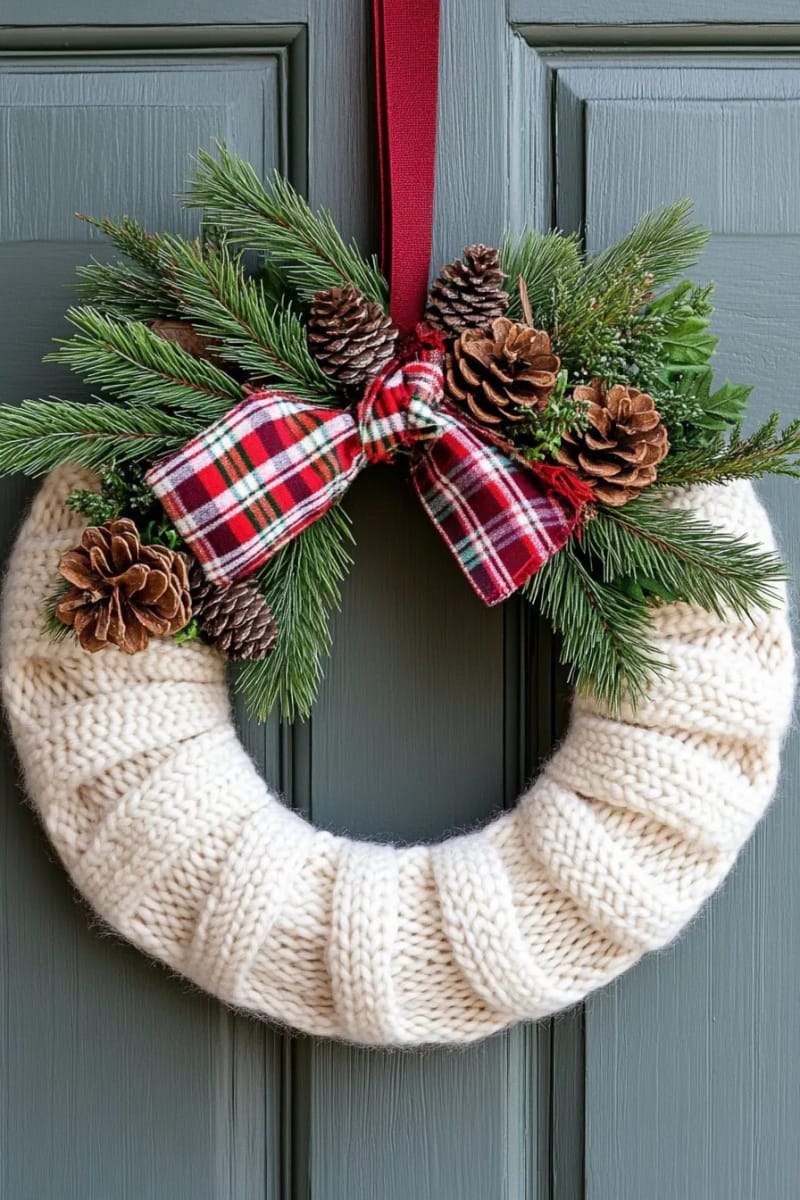 upcycled sweater wreath with plaid ribbon and pine sprigs 1