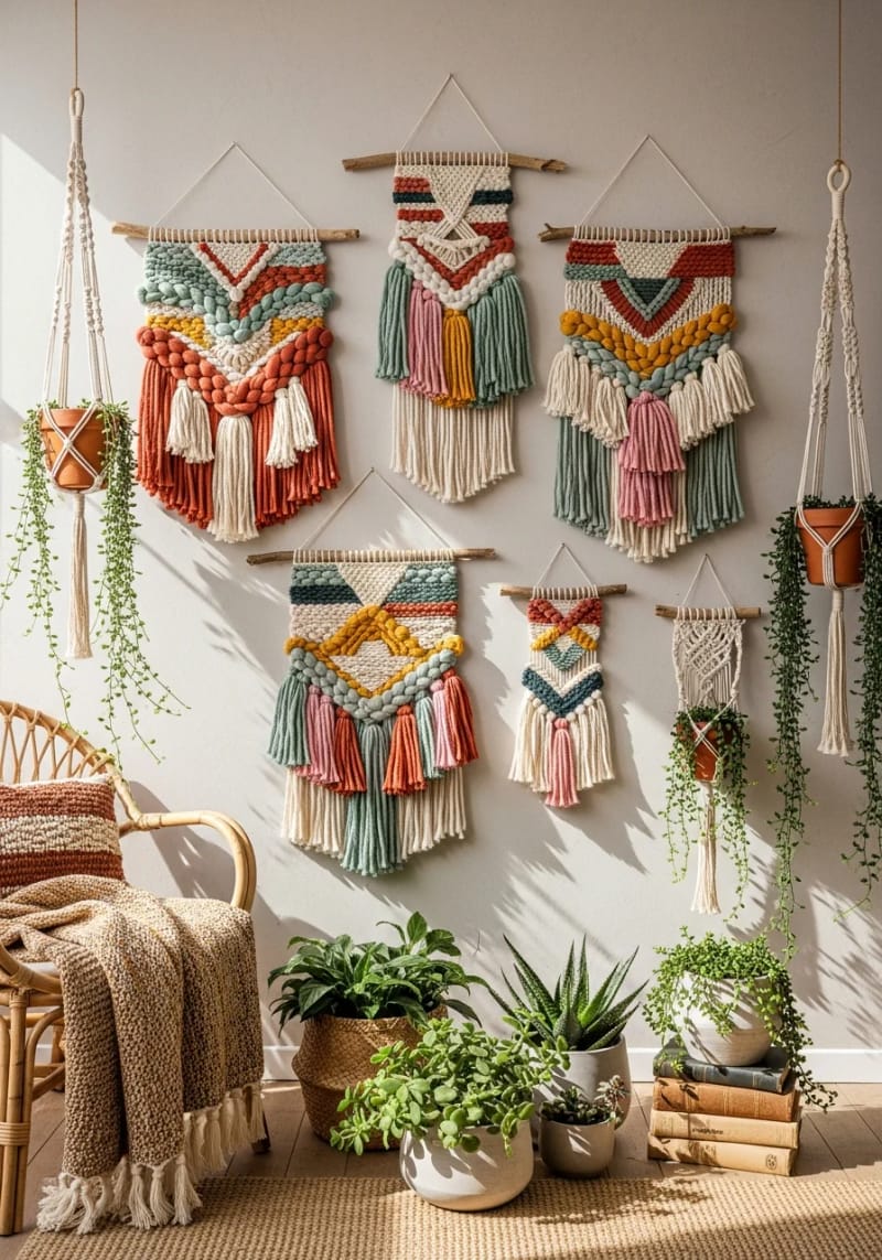 19 Creative Upcycled Home Decor Ideas to Refresh Your Space 40 upcycled t-shirt yarn woven into boho wall hangings 1