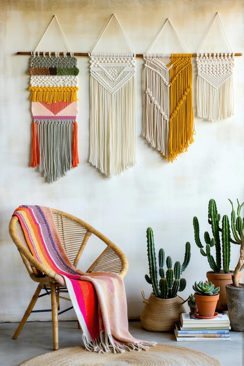 19 Creative Upcycled Home Decor Ideas to Refresh Your Space 41 upcycled t-shirt yarn woven into boho wall hangings 1