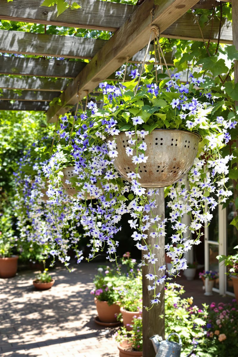 21 Upcycled Garden Decor Ideas with Modern Charm 53 vintage colander hanging baskets for trailing lobelia 1