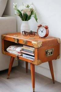 vintage suitcase repurposed into a quirky side table with storage 1