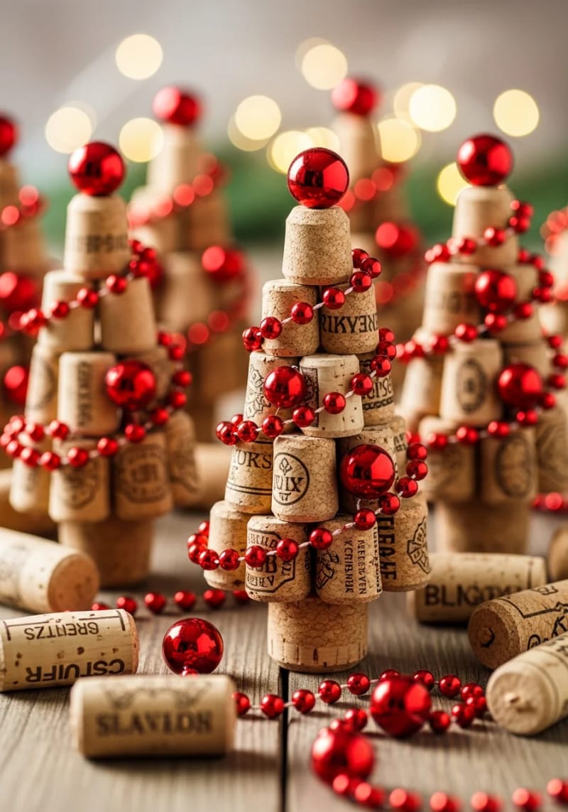 wine cork christmas trees with red bead ornaments 1