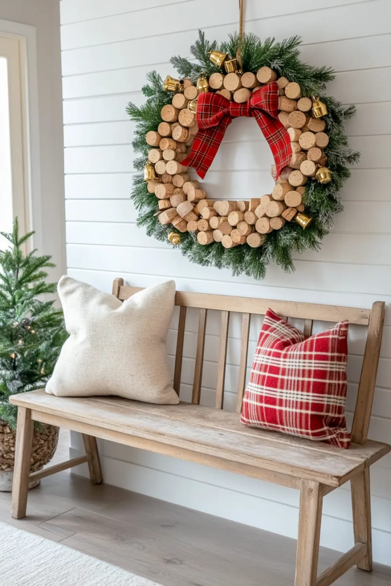 wine cork ornament wreath with gold bells and tartan bows 1