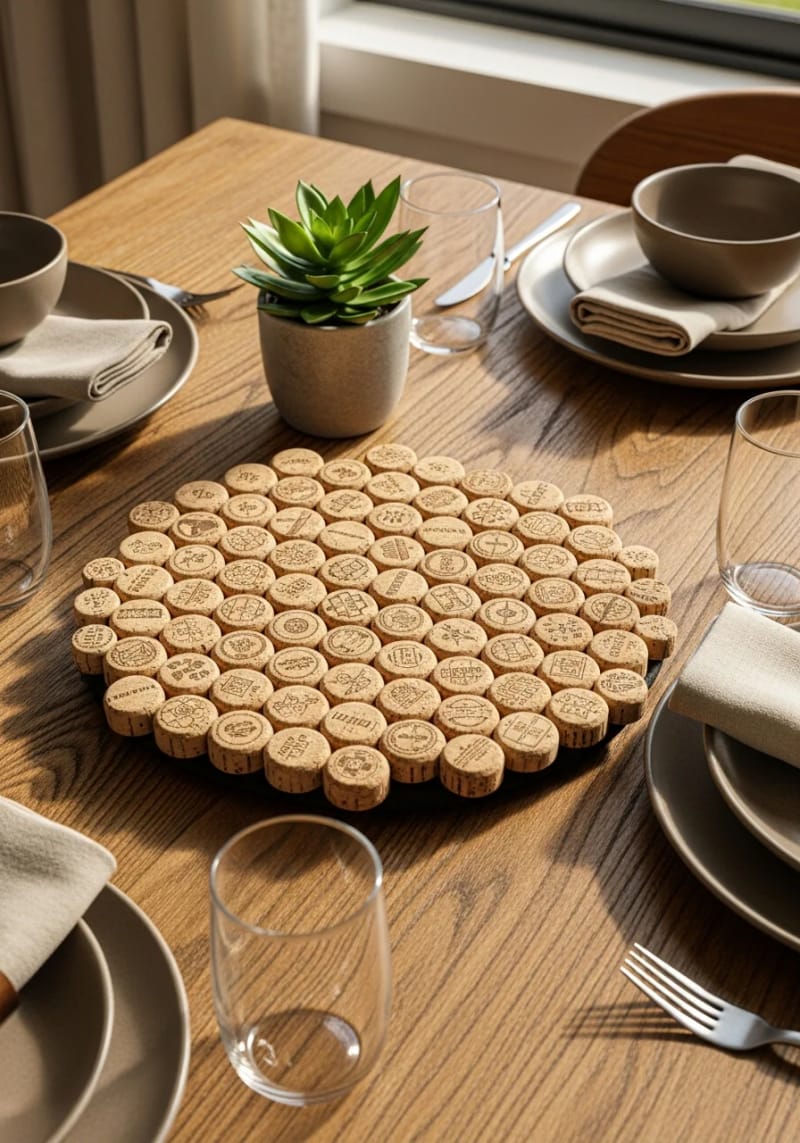 19 Creative Upcycled Home Decor Ideas to Refresh Your Space 44 wine corks assembled into a geometric trivet for the dining table 1