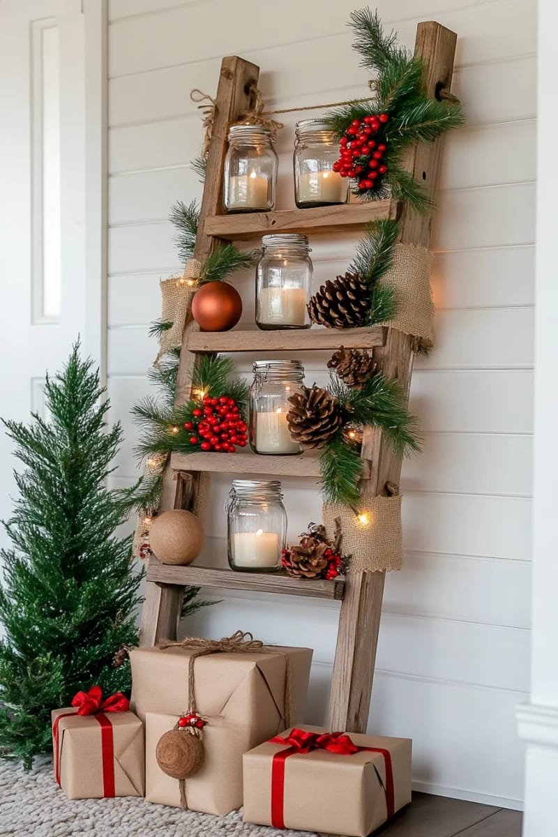 wooden ladder christmas tree with string lights and candle jars 1