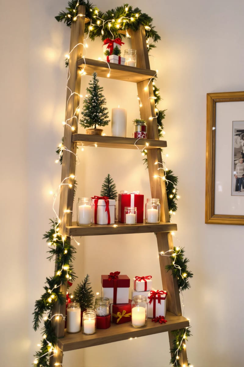 wooden ladder christmas tree with string lights and candle jars 1