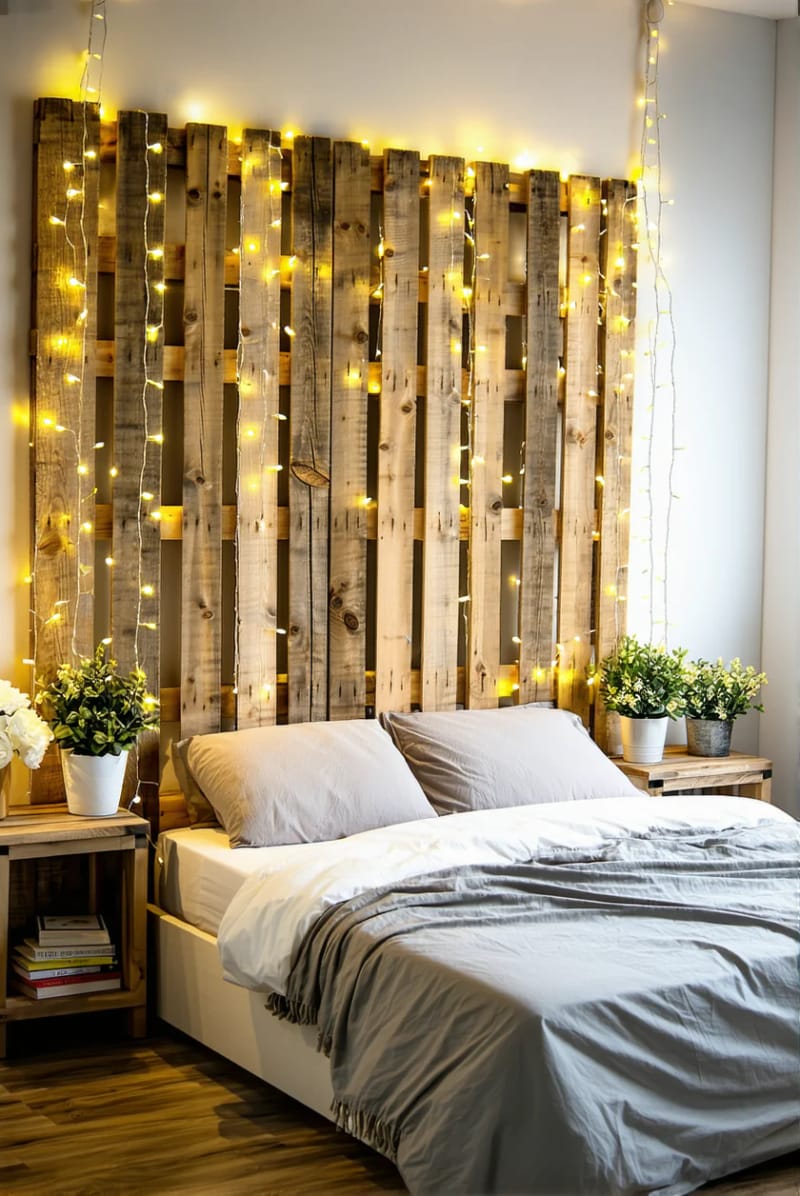 19 Creative Upcycled Home Decor Ideas to Refresh Your Space 21 wooden pallets turned into a statement headboard with fairy lights 1