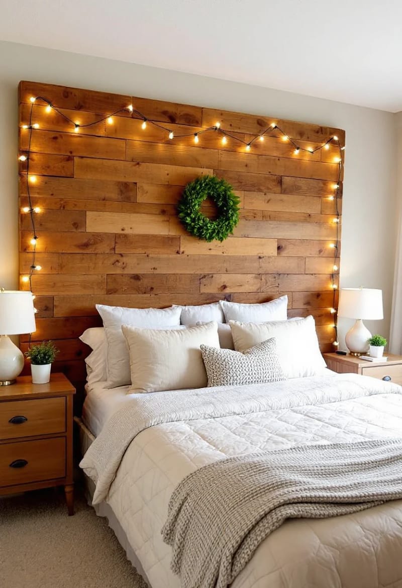 19 Creative Upcycled Home Decor Ideas to Refresh Your Space 22 wooden pallets turned into a statement headboard with fairy lights 1