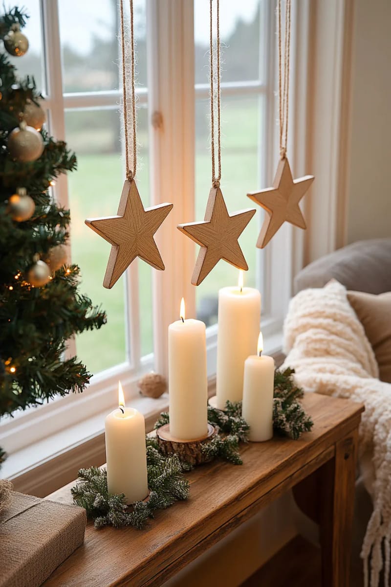wooden star ornaments hung in window frames with natural string 1