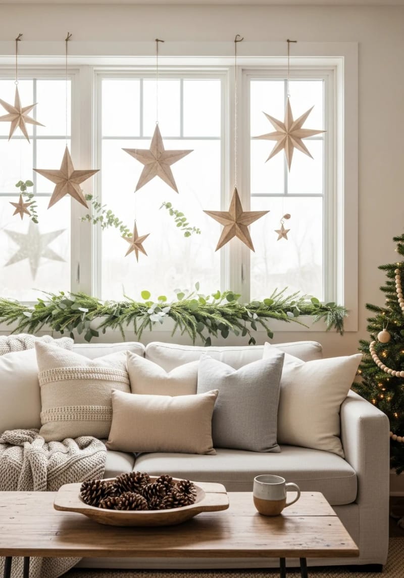 wooden star ornaments hung in window frames with natural string 1