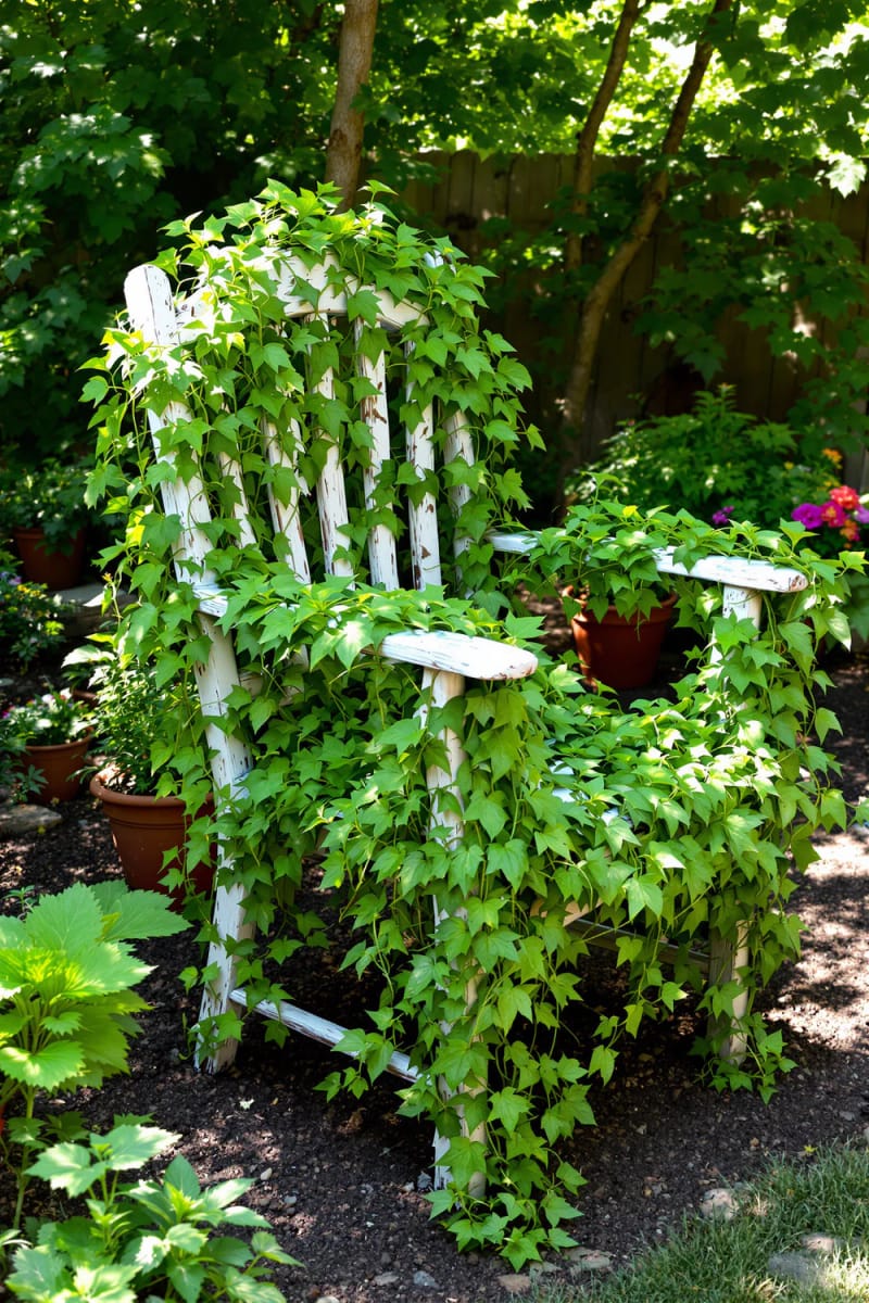 21 Upcycled Garden Decor Ideas with Modern Charm 38 worn-out chair seat filled with trailing vines 1