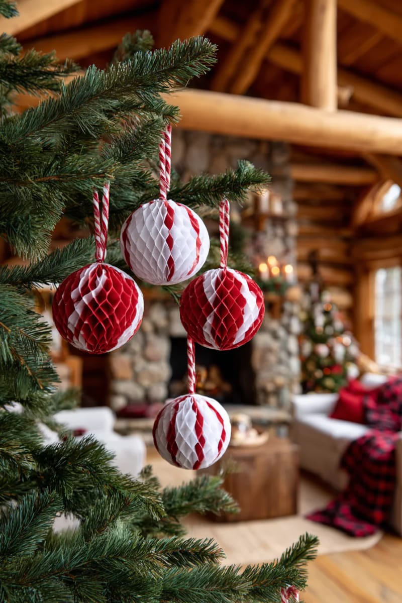3d honeycomb ball ornaments in candy cane red and white patterns 1