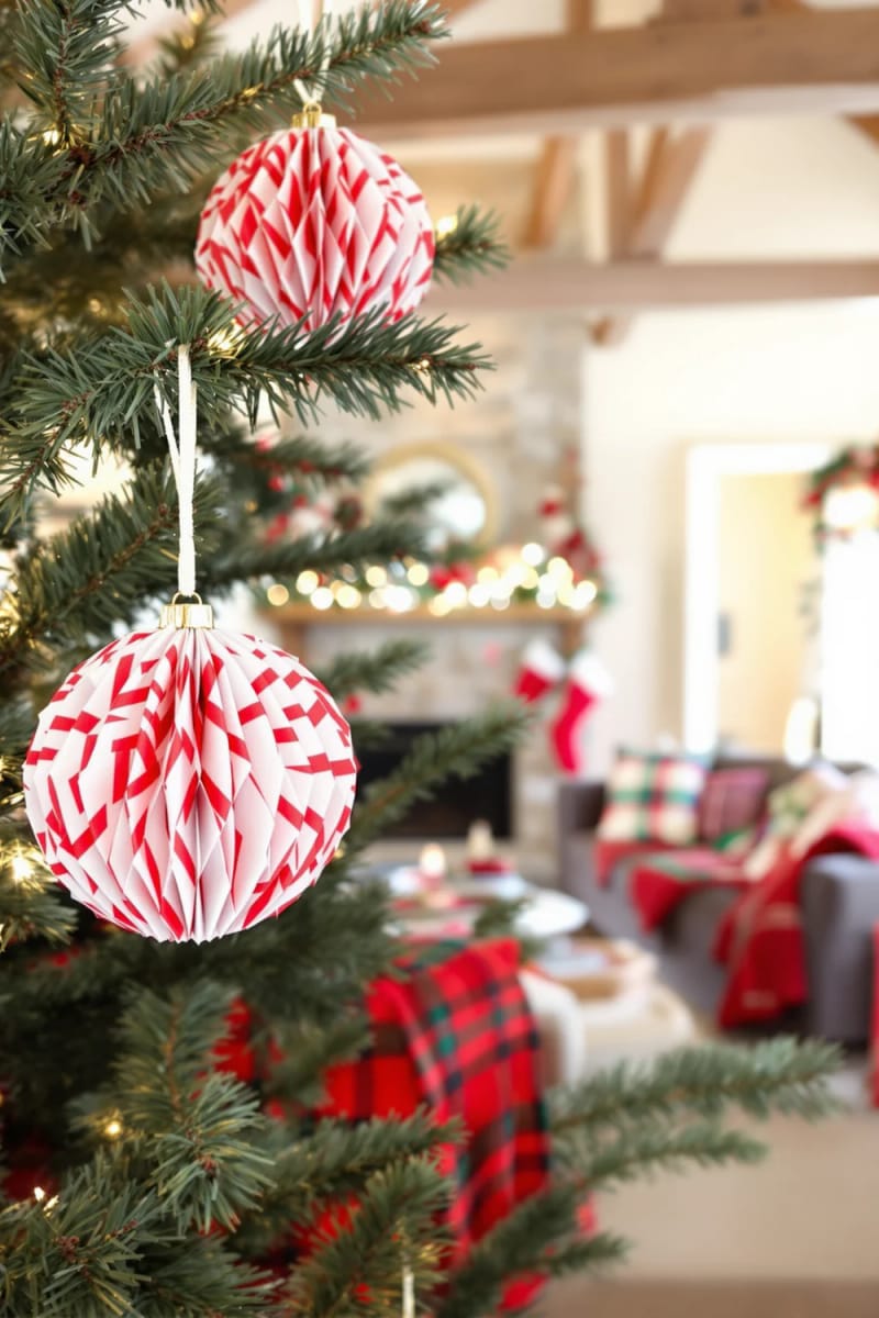 3d honeycomb ball ornaments in candy cane red and white patterns 1