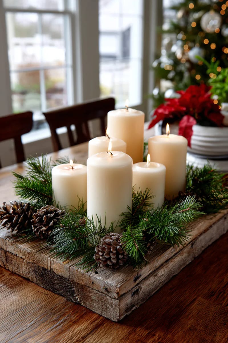 25 Tasteful Christmas Decor Ideas for a Cozy Holiday Home 25 a cluster of pillar candles with evergreen sprigs on a rustic wood tray 1