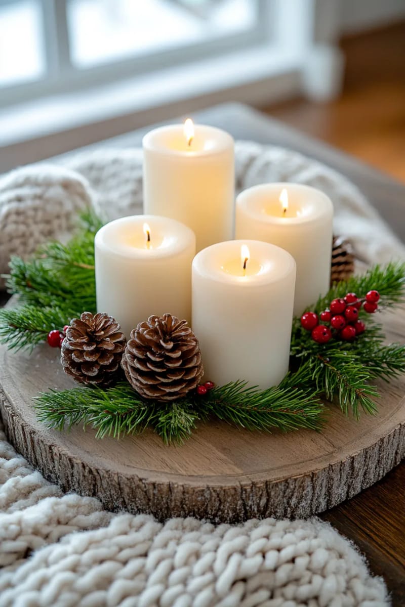 25 Tasteful Christmas Decor Ideas for a Cozy Holiday Home 26 a cluster of pillar candles with evergreen sprigs on a rustic wood tray 1