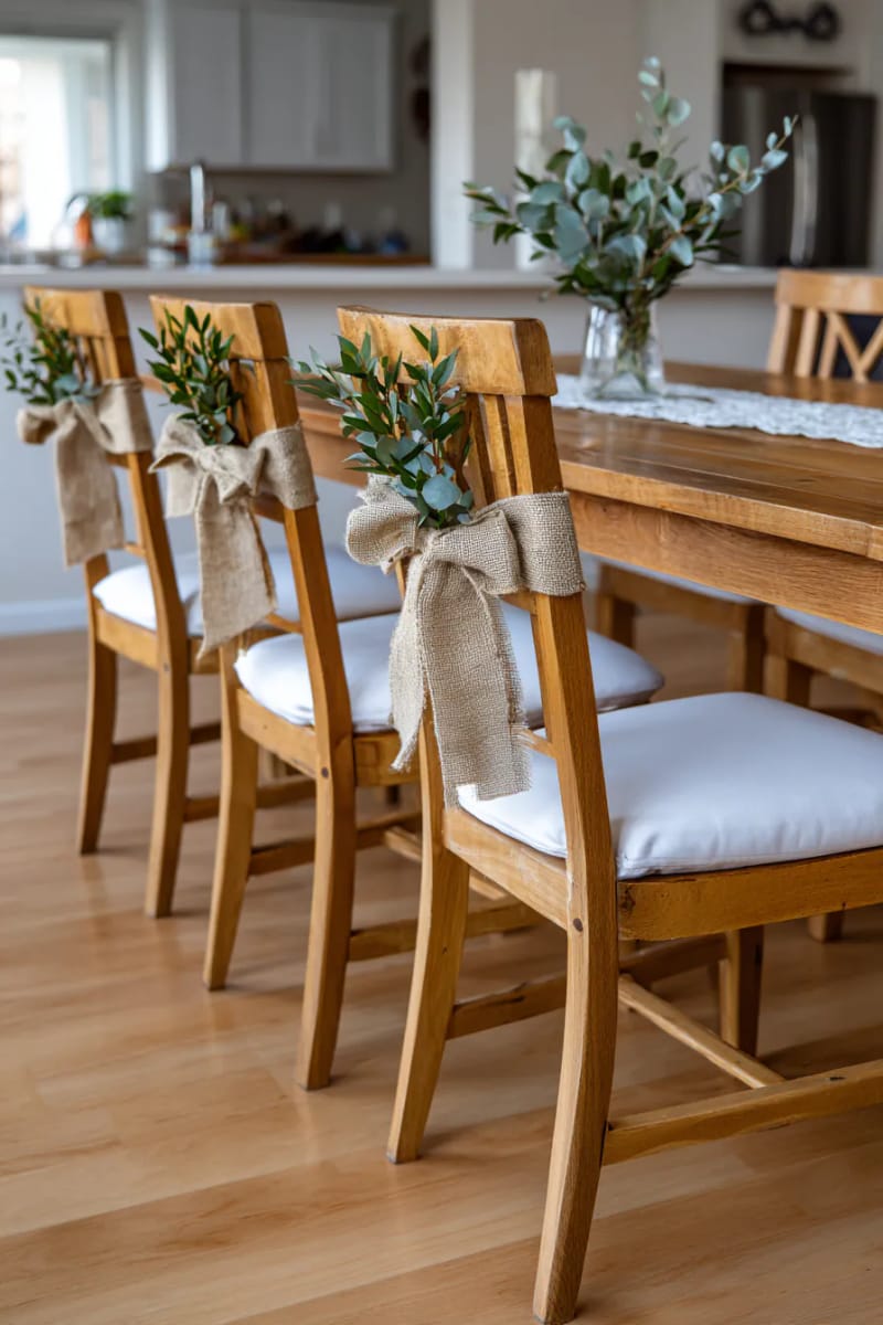 adorn dining chairs with simple greenery and burlap bows 1