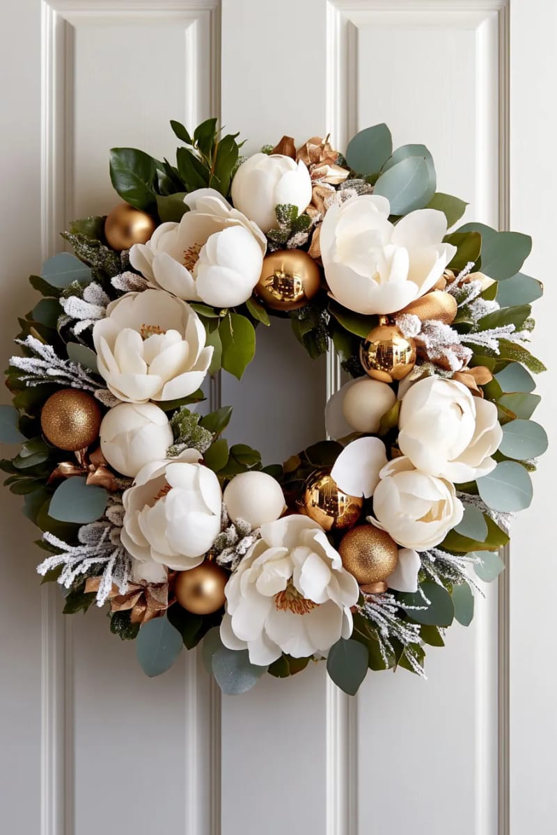 23 Elegant Christmas Decor Ideas You’ve Never Seen Before 12 all-white floral christmas wreath with magnolias and sparkling gold accents 1