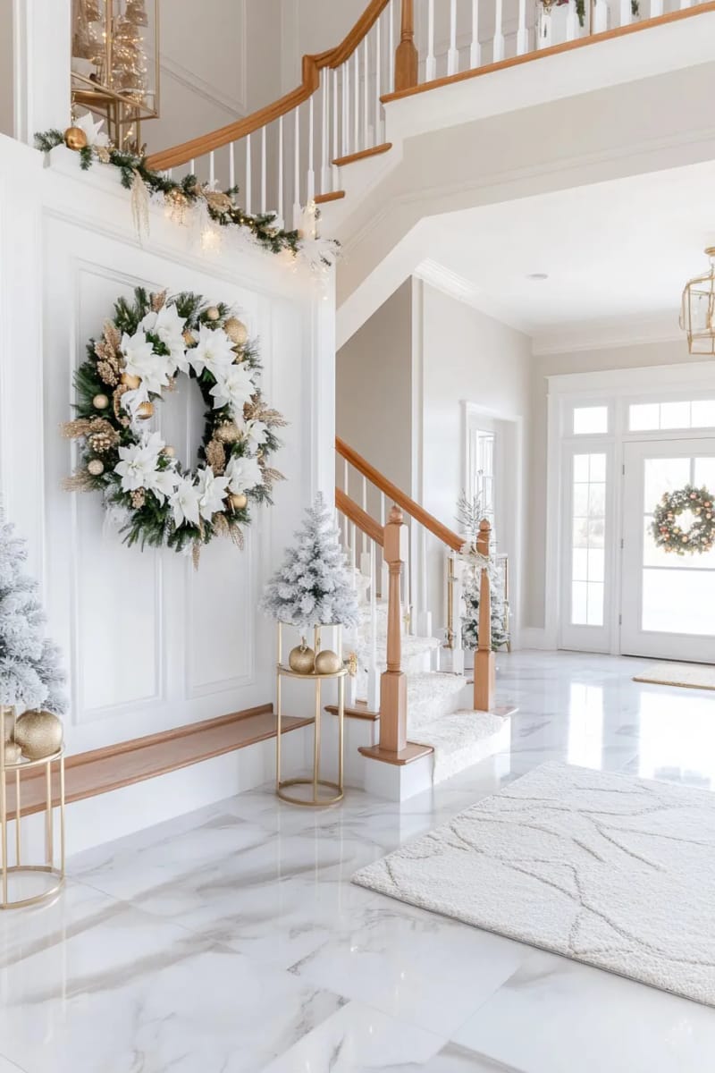23 Elegant Christmas Decor Ideas You’ve Never Seen Before 13 all-white floral christmas wreath with magnolias and sparkling gold accents 1