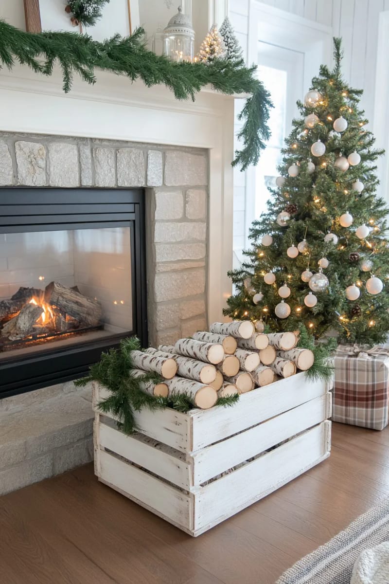 antique crate filled with birch logs and fairy lights 1