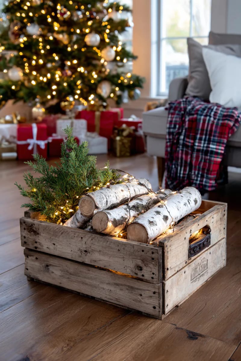 antique crate filled with birch logs and fairy lights 1