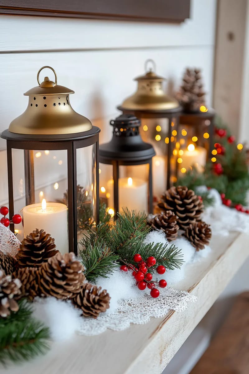 antique lanterns filled with faux snow and fairy lights 1