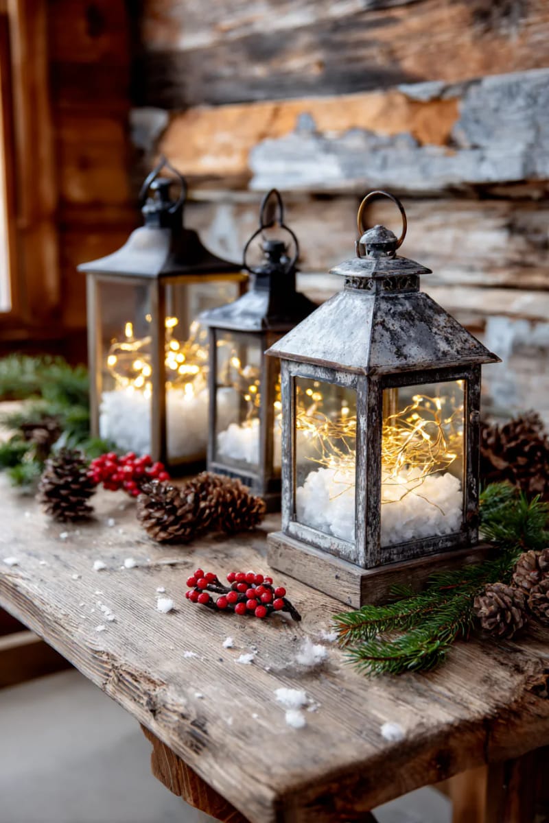 antique lanterns filled with faux snow and fairy lights 1