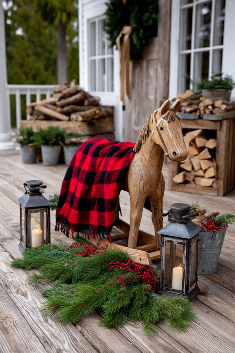 15 Cozy Rustic Christmas Porch Ideas for Country Charm 28 antique rocking horse surrounded by greenery, pinecones, and a buffalo plaid throw 1