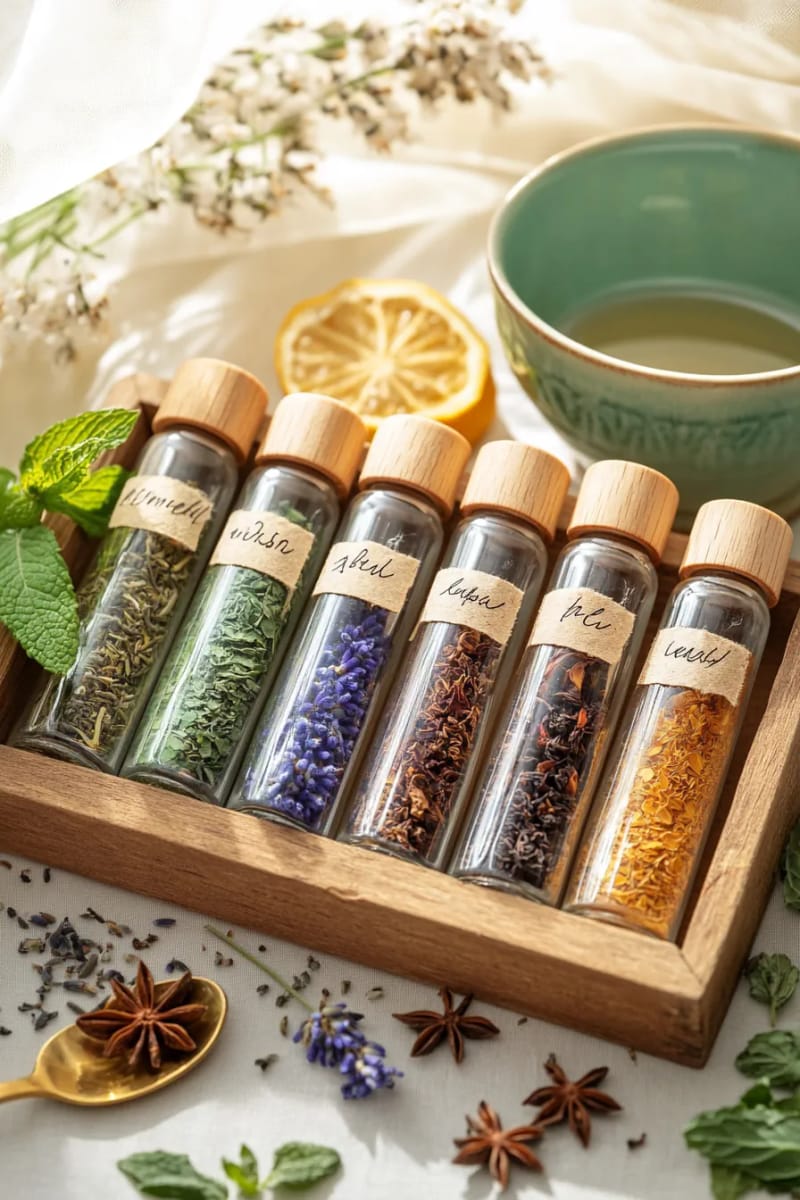 aromatic herbal tea blends in glass vials 1