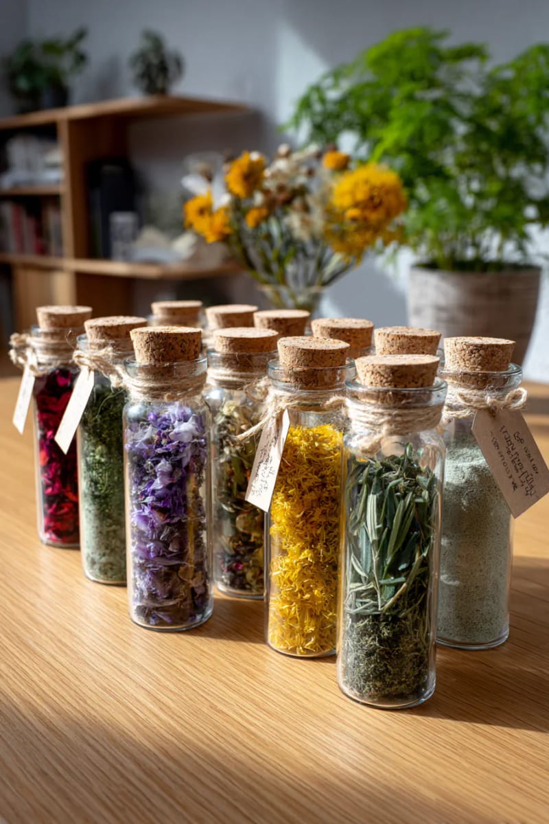 aromatic herbal tea blends in glass vials 1