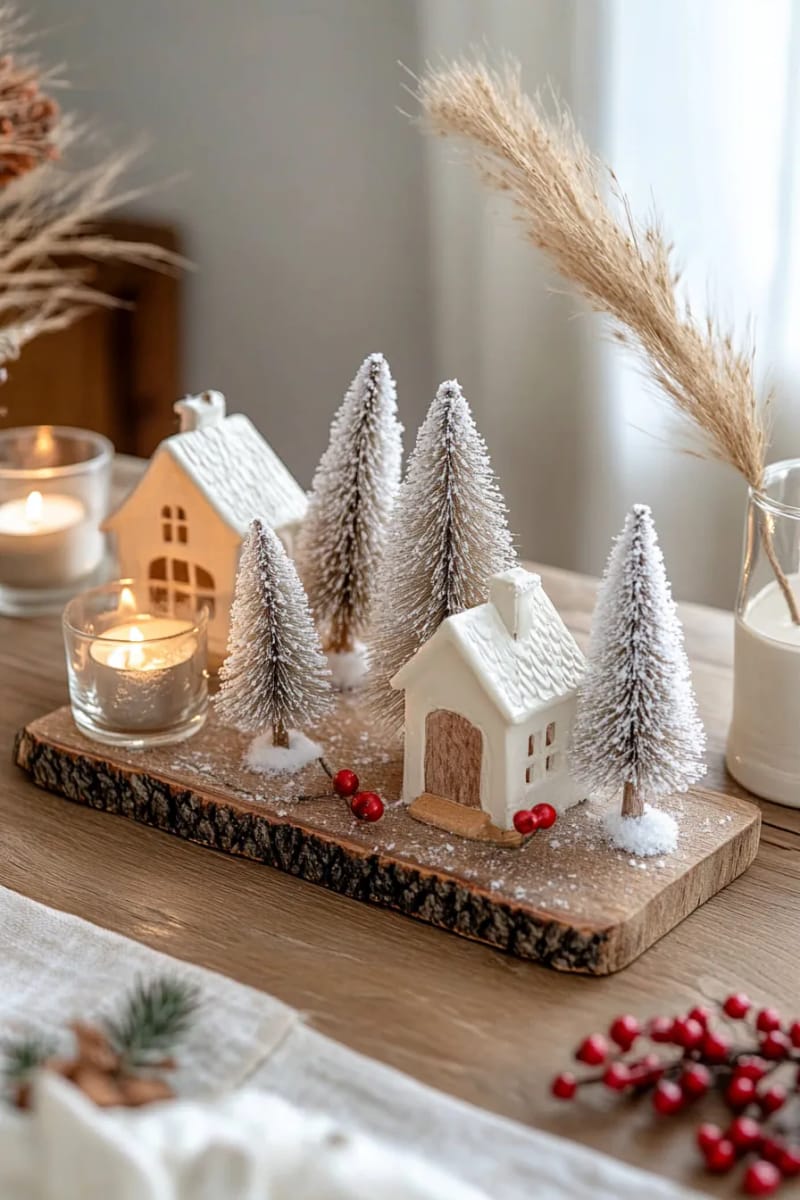 arrange bottle brush trees in soft beige and frosted white clusters 1