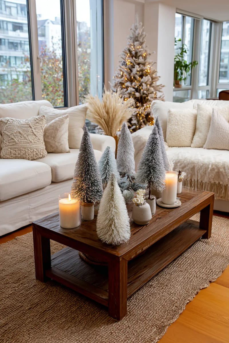 arrange bottle brush trees in soft beige and frosted white clusters 1