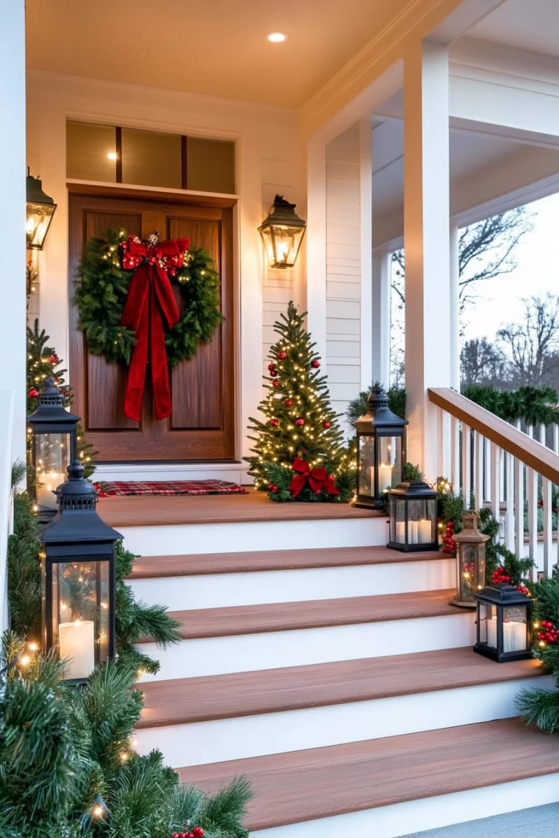 15 Christmas Decor Ideas for a Front Porch DIY That’s Simple but Stunning 12 arrange vintage-style lanterns with led candles and red berries for cozy evening glow. 1