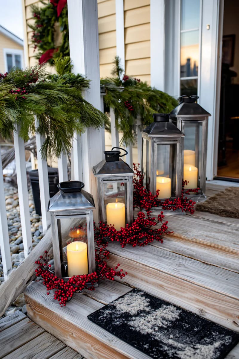 15 Christmas Decor Ideas for a Front Porch DIY That’s Simple but Stunning 11 arrange vintage-style lanterns with led candles and red berries for cozy evening glow. 1