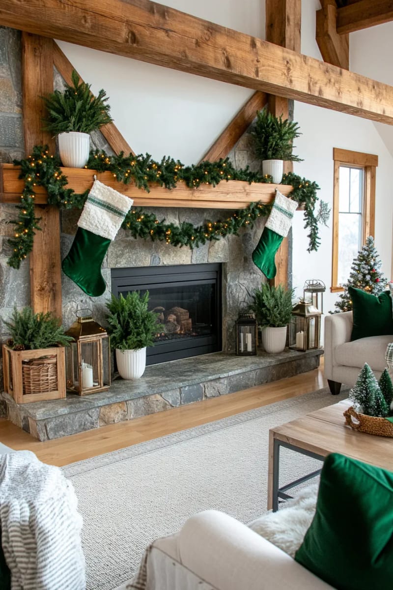 25 Green Christmas Fireplace Decor Ideas for a Fresh and Festive Mantel 41 artful display of mini evergreen topiaries in white ceramic pots 1