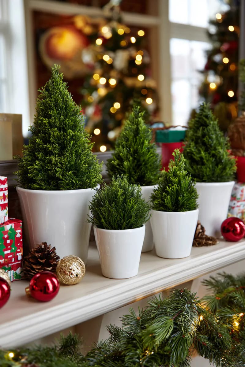 25 Green Christmas Fireplace Decor Ideas for a Fresh and Festive Mantel 42 artful display of mini evergreen topiaries in white ceramic pots 1