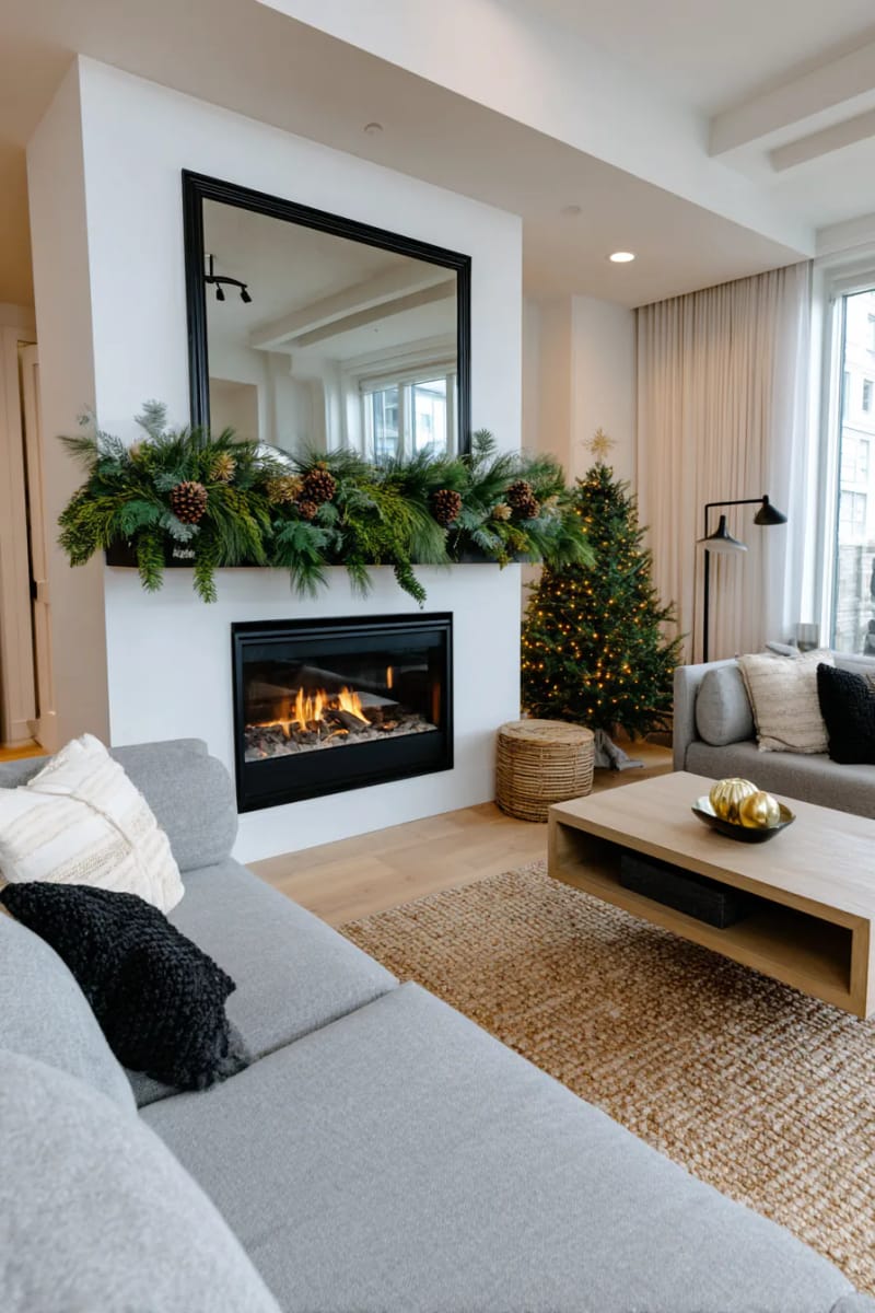 31 Elegant Minimalist Christmas Decor Ideas to Inspire 49 asymmetrical evergreen swag over a modern black-framed mirror 1