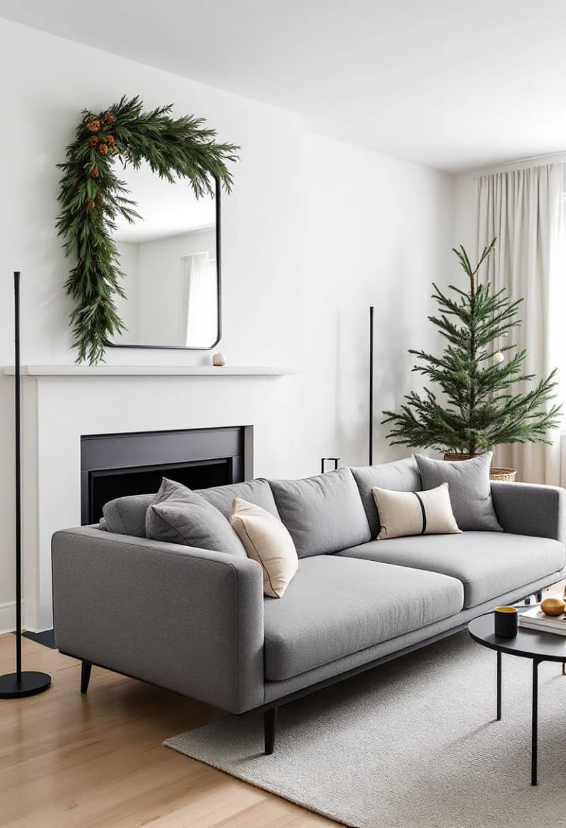 31 Elegant Minimalist Christmas Decor Ideas to Inspire 50 asymmetrical evergreen swag over a modern black-framed mirror 1