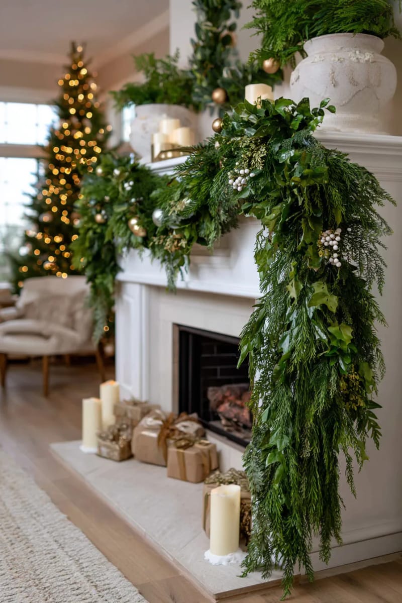 25 Green Christmas Fireplace Decor Ideas for a Fresh and Festive Mantel 52 asymmetrical garland with cascading ivy and juniper branches 1