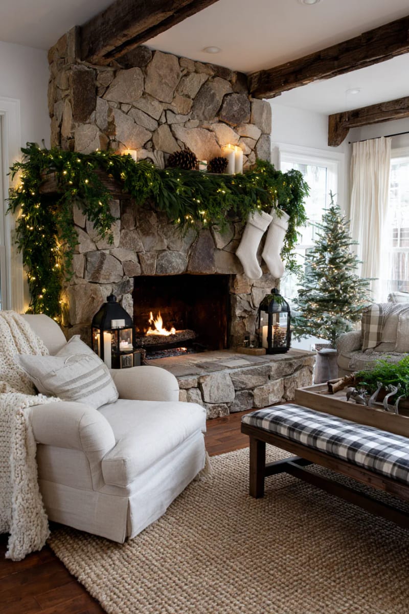 25 Green Christmas Fireplace Decor Ideas for a Fresh and Festive Mantel 53 asymmetrical garland with cascading ivy and juniper branches 1