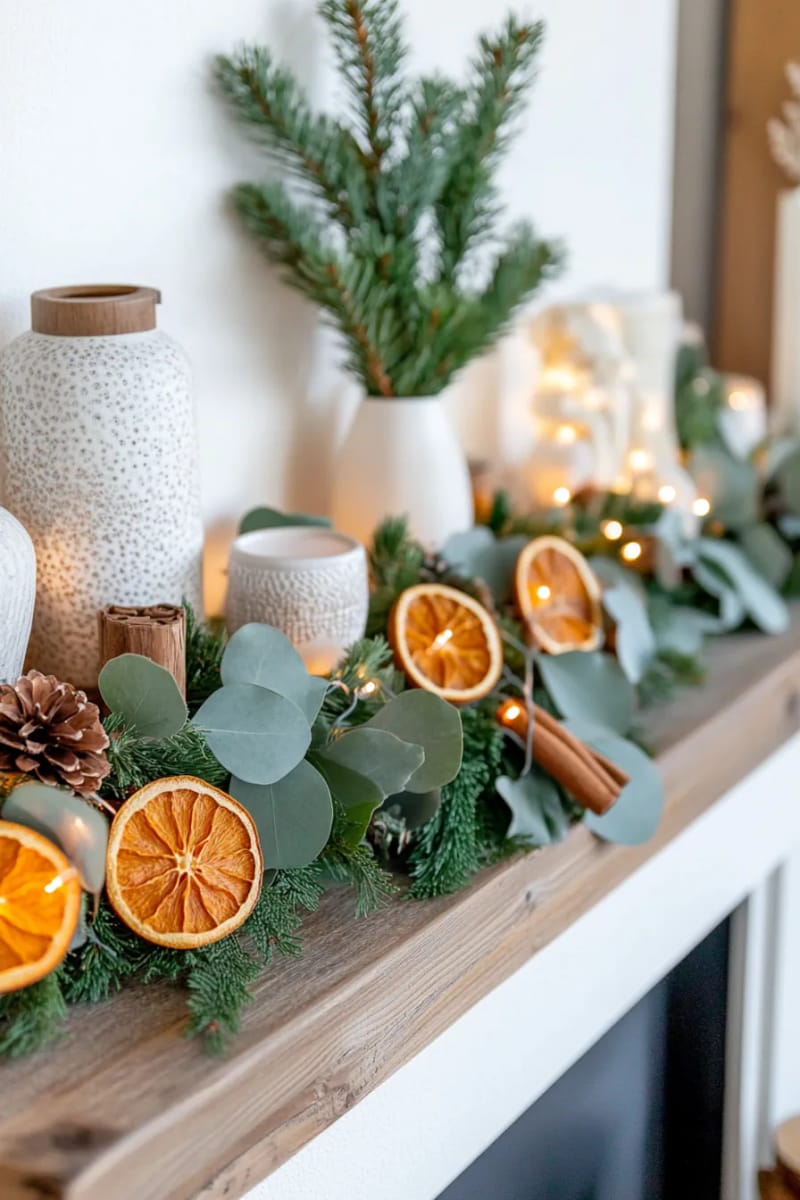 asymmetrical garland with eucalyptus, dried orange slices, and cinnamon sticks 1