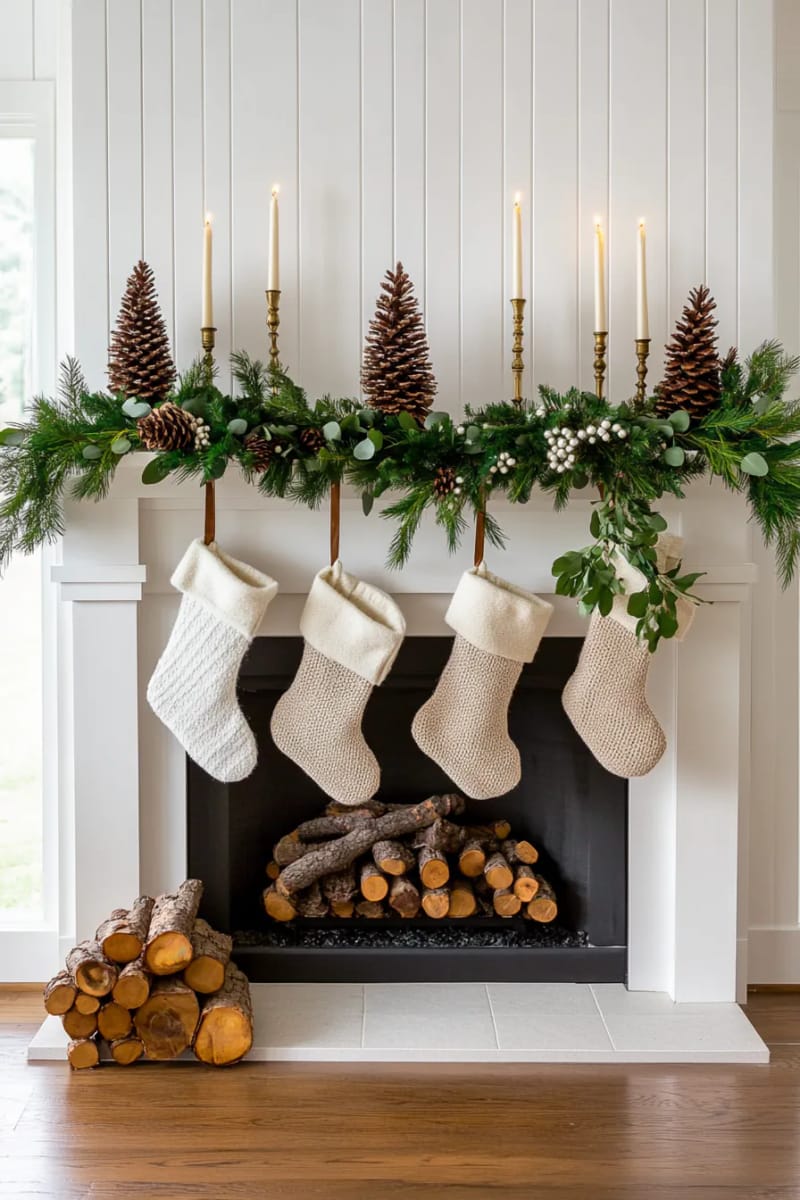 25 Tasteful Christmas Decor Ideas for a Cozy Holiday Home 62 asymmetrical greenery and pinecone arrangement above the fireplace 1