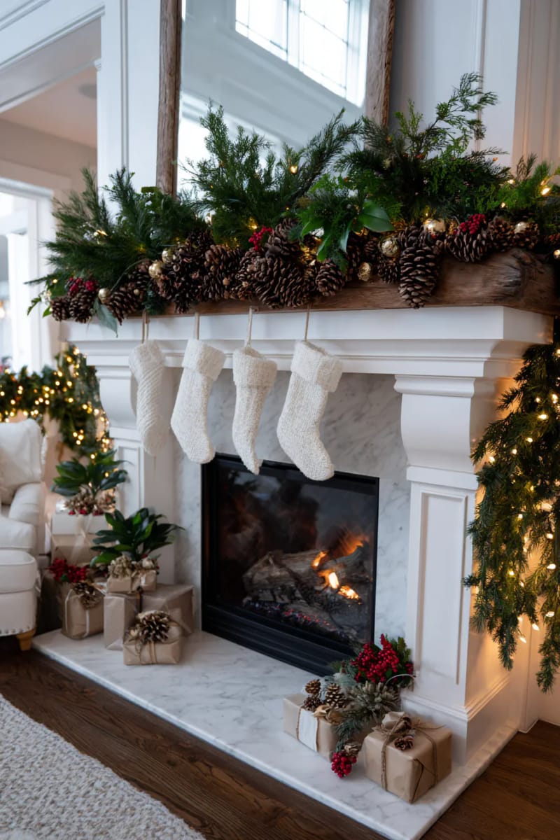 25 Tasteful Christmas Decor Ideas for a Cozy Holiday Home 66 asymmetrical greenery and pinecone arrangement above the fireplace 1