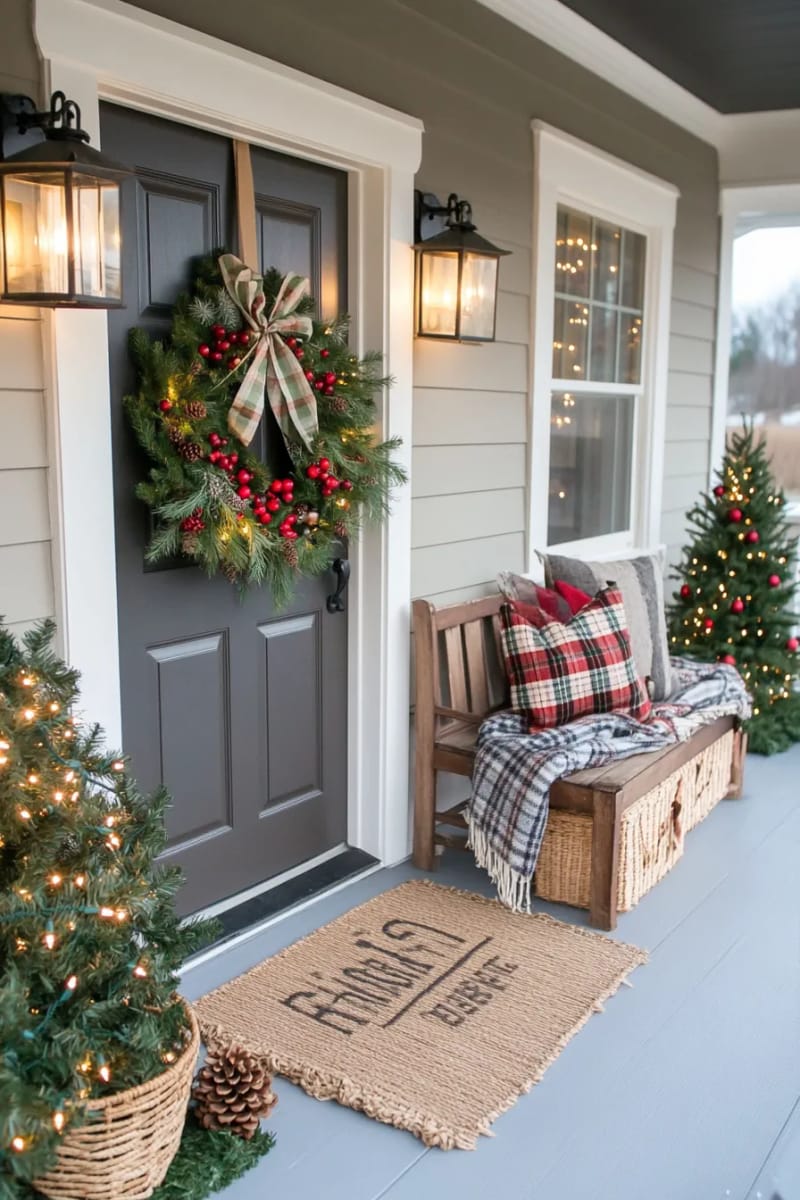 15 Christmas Decor Ideas for a Front Porch DIY That’s Simple but Stunning 13 attach a wreath layered with cranberries, pine sprigs, and plaid ribbons to your door. 1