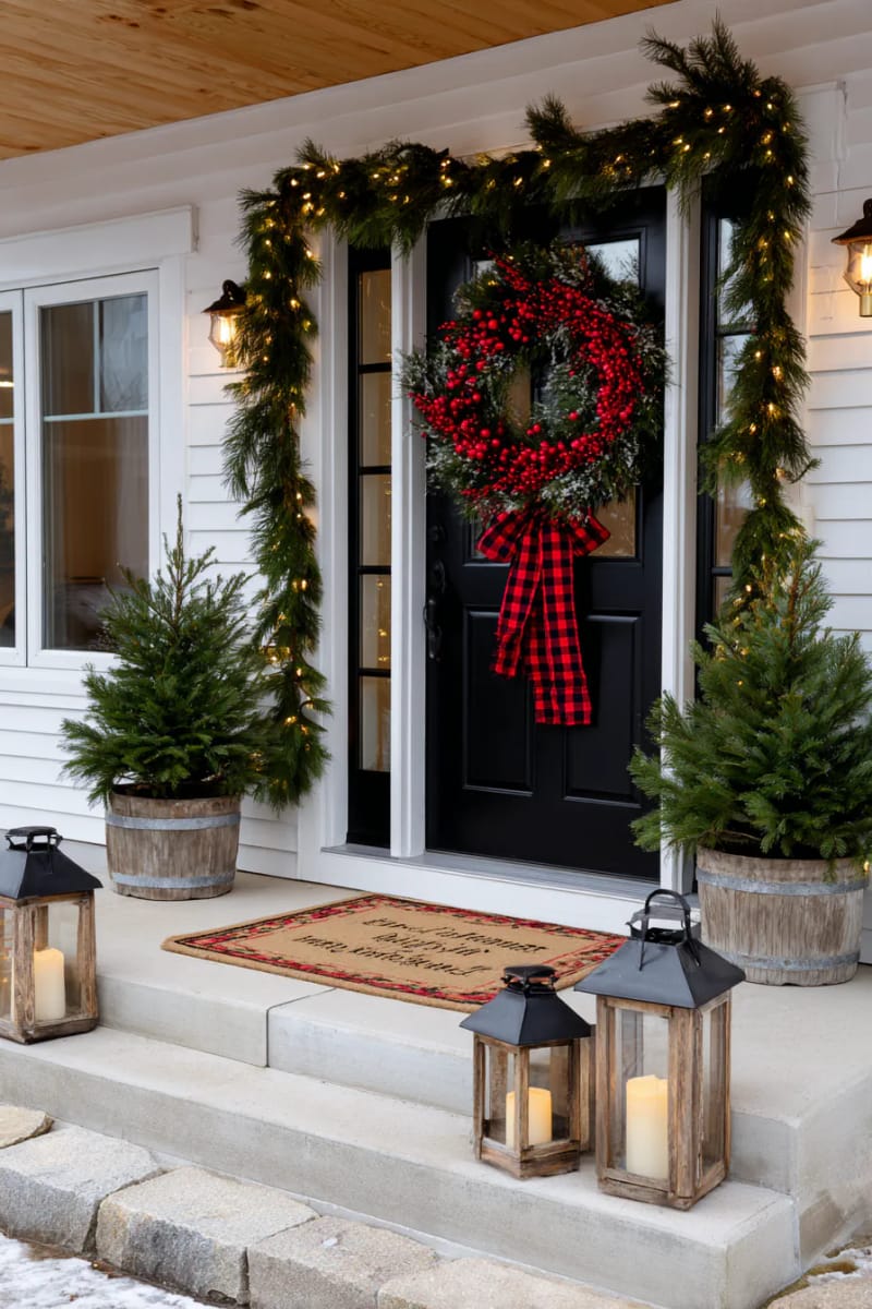 15 Christmas Decor Ideas for a Front Porch DIY That’s Simple but Stunning 14 attach a wreath layered with cranberries, pine sprigs, and plaid ribbons to your door. 1