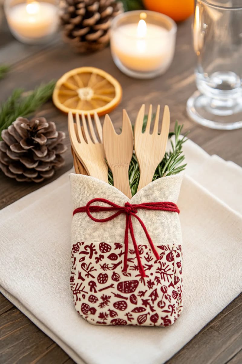 bamboo cutlery sets wrapped in festive muslin pouches 1