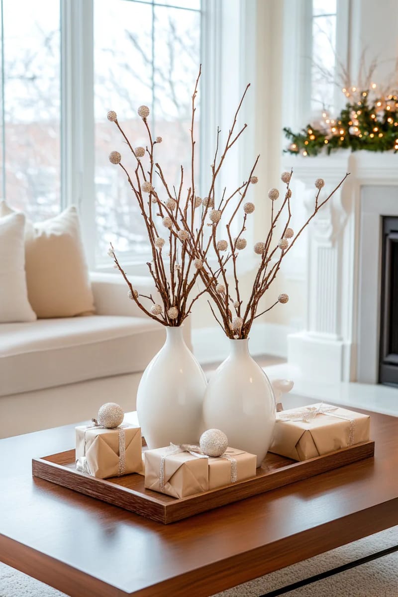 31 Elegant Minimalist Christmas Decor Ideas to Inspire 14 bare branches in minimalist ceramic vases decorated with tiny ornaments 1