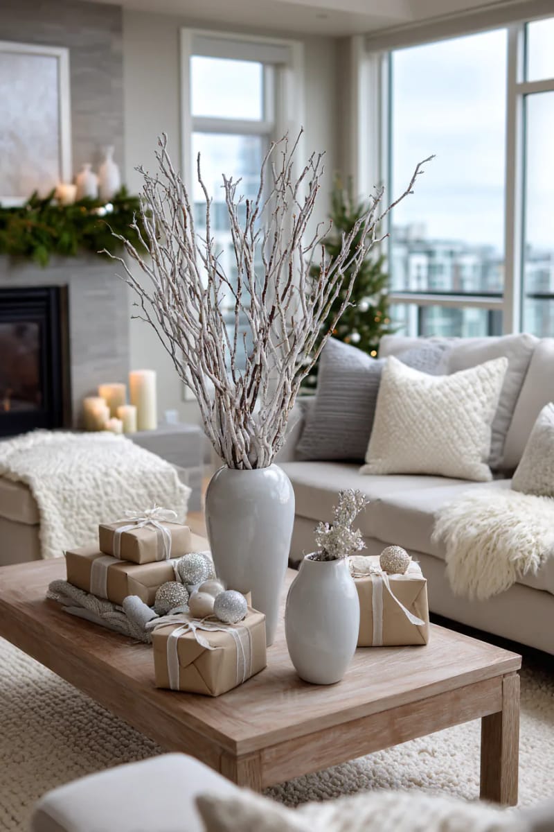 31 Elegant Minimalist Christmas Decor Ideas to Inspire 15 bare branches in minimalist ceramic vases decorated with tiny ornaments 1
