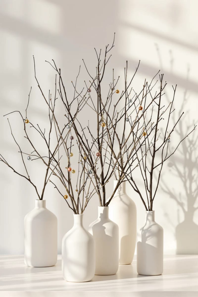 31 Elegant Minimalist Christmas Decor Ideas to Inspire 16 bare branches in minimalist ceramic vases decorated with tiny ornaments 1