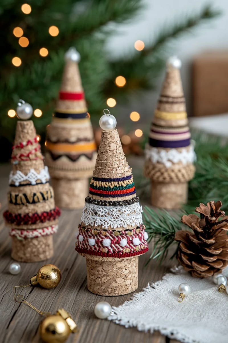 29 Upcycled Christmas Crafts For Unique Holiday DIY Projects 71 beaded cork christmas trees embellished with fabric scraps and lace 1