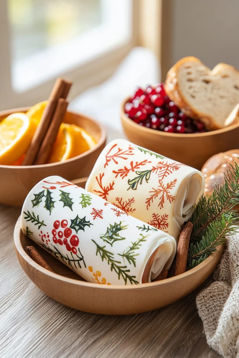 beeswax food wraps featuring festive hand-painted designs 1